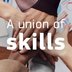 Viele aufeinanderliegende Hände und in der Mitte der Schriftzug "A union of skills"