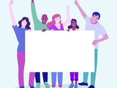 Gruppe von Menschen die Aufzeigen und weißen Banner in die Höhe halten